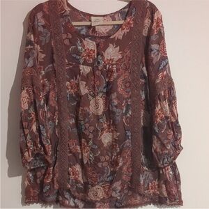 Knox Rose Floral Blouse with Lace - Brown and Blue